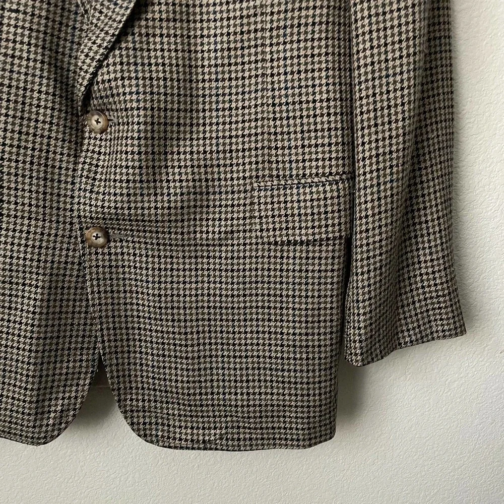 Vintage Hickey Freeman Blazer Mens 42R Tan Blue Houndstooth Sportscoat Union USA